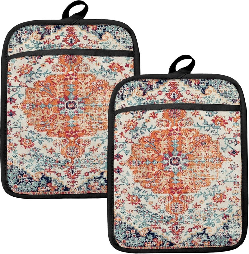 HUGANE Rustic Vintage Boho Pot Holders for Kitchen, Abstract Orange Blue Boho Ethnic Floral Botanical Heat Resistant Hot Pads and Oven Mitts for Baking Cooking - Image 1